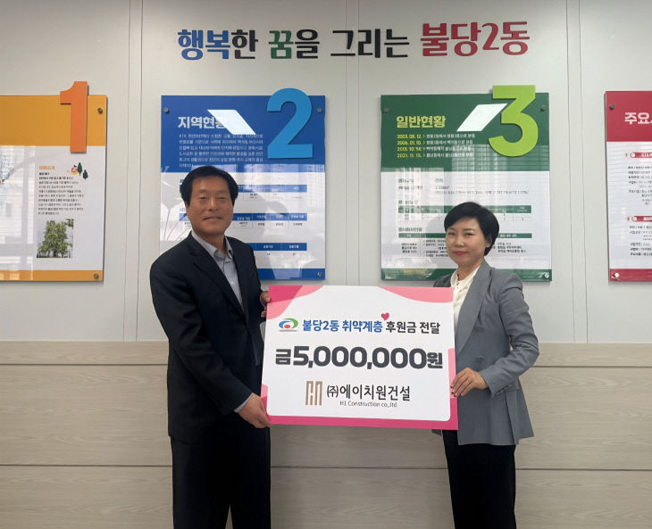 (주)에이치원건설, 천안시 불당2동 취약계층 후원금 500만원 기탁